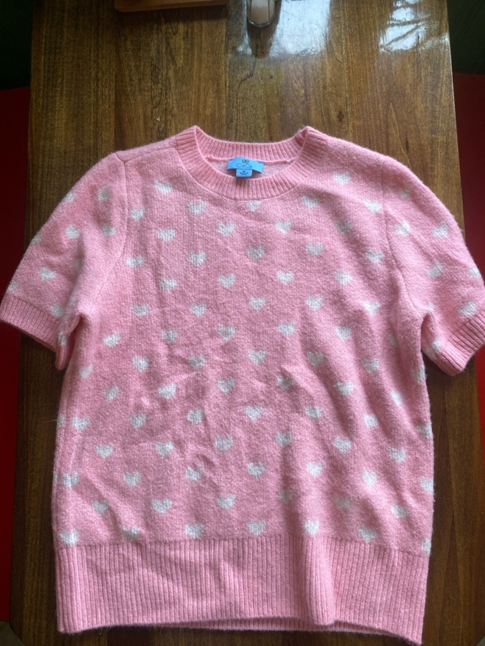 CeCe Pink Short-Sleeve Crewneck Sweater with White Heart Motif